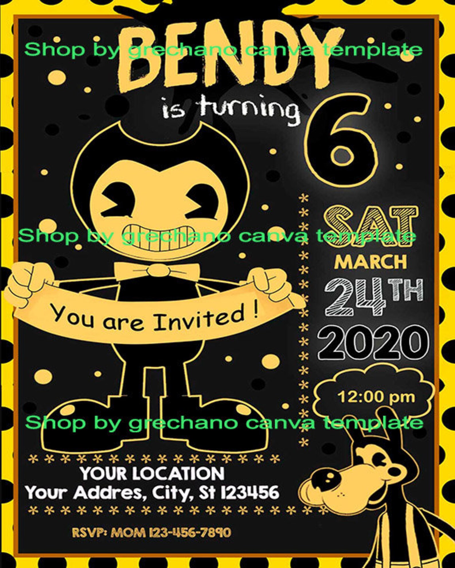 Template Custom Canva Bendy-and-the-ink-machine-birthday-invitation - Etsy