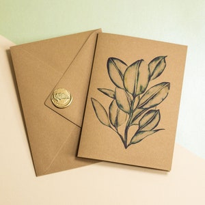 Karte aus Bio-Recyclingpapier mit Umschlag - Ficus elastische Illustration - Grußkarte im Vintage-Stil - mit goldenem Wachssiegel - Vismirell