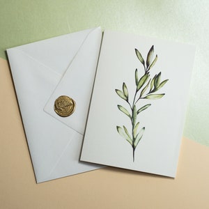 Biglietto fatto a mano con foglie di ulivo - Biglietto d'auguri in carta riciclata con stampa botanica e busta con sigillo di ceralacca