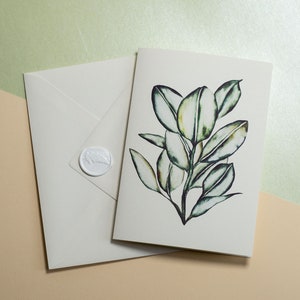 Carte pliée avec une enveloppe et un sceau de cire - Illustration Ficus elastica - Carte de vœux botanique - Cartes d'art végétal