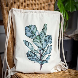 Turnbeutel aus Baumwolle mit botanischem Druck - Rucksack aus 100% Baumwolle - Ficus lyrata Druck auf Baumwolltasche - Pflanzenmerch