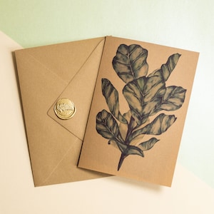 Biglietto piegato fatto a mano - Biglietto d'auguri in carta riciclata organica con una busta e un sigillo di cera - Biglietto artistico vegetale - Ficus lyrata - Vismirell