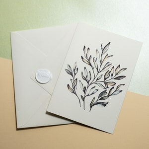 Carte de vœux faite à la main avec une impression de peinture de plante d’olivier et une enveloppe avec un sceau de cire - carte de vœux botanique de style vintage