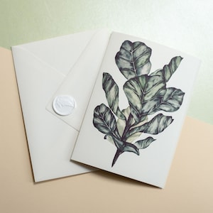 Carte de vœux avec une œuvre d’art Ficus lyrata et une enveloppe avec un sceau de cire - Impression d’œuvre originale sur une carte pliée - Carte botanique