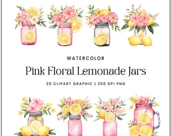 Watercolor Pink Floral Lemonade Jars Clipart Bundle Sublimation Designs Instant Download Digital Prints, Digital Download Png Files