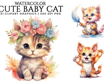 Watercolor Cute Baby Cat Clipart Bundle Instant Download Png Files Sublimation Designs, Digital Download Printable Art