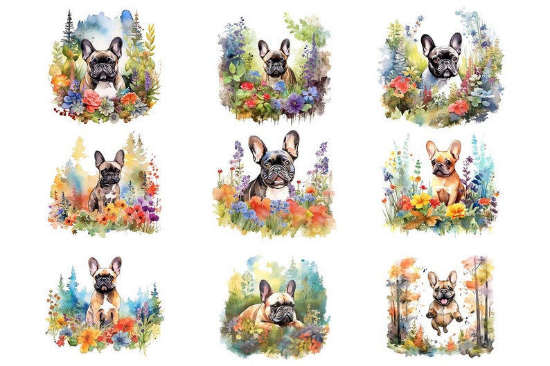 Watercolor French Bulldog Clipart Bundle Wall Art Instant Download Sublimation Designs Digital Download Png Files Digital Print image 3