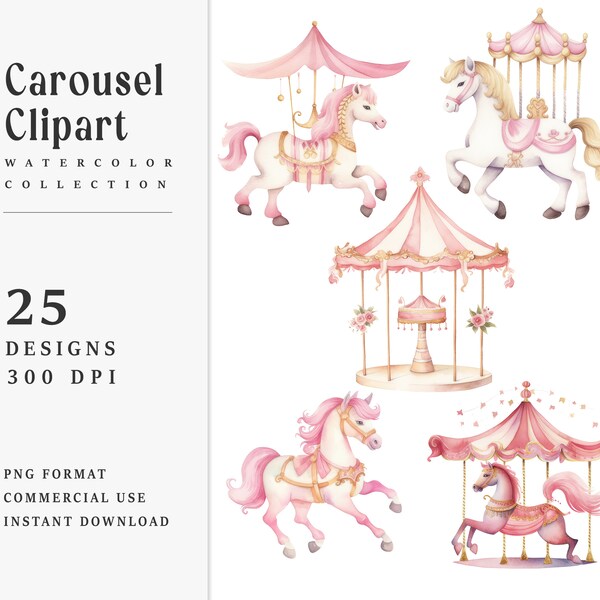 Lot de 25 cliparts carrousel aquarelle pour sublimation, téléchargement numérique, art imprimable, téléchargement immédiat, impressions numériques, fichiers Png