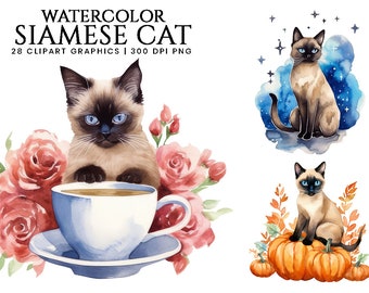 Watercolor Siamese Cat Clipart Bundle Printable Art Sublimation Designs Digital Download Wall Art Instant Download Png Files