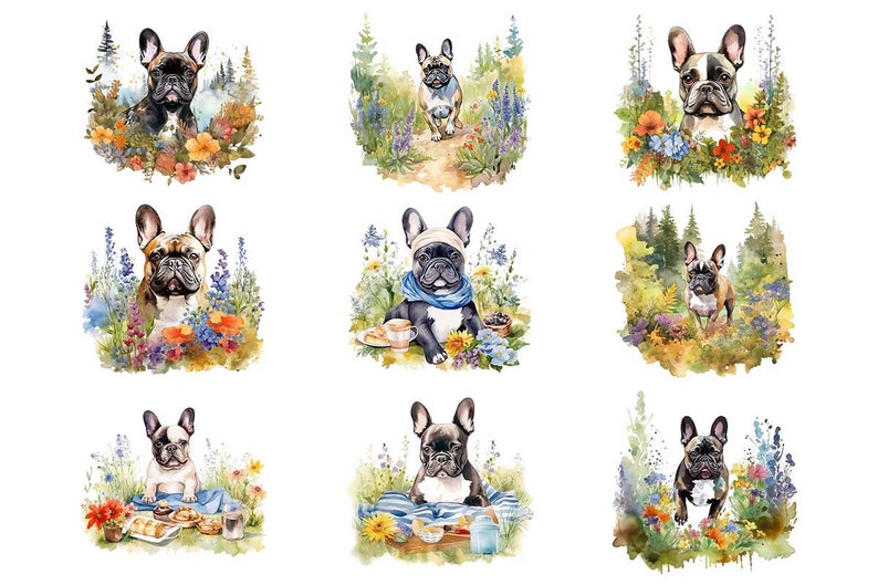 Watercolor French Bulldog Clipart Bundle Wall Art Instant Download Sublimation Designs Digital Download Png Files Digital Print image 2