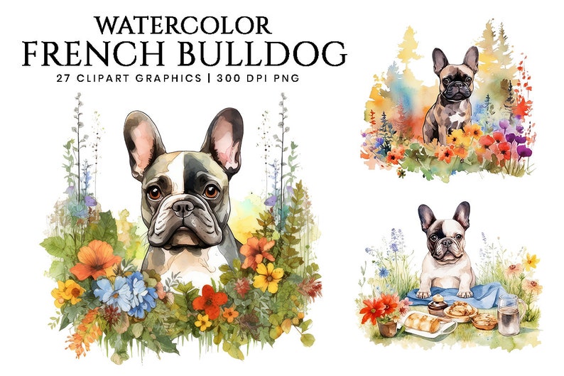 Watercolor French Bulldog Clipart Bundle Wall Art Instant Download Sublimation Designs Digital Download Png Files Digital Print image 1