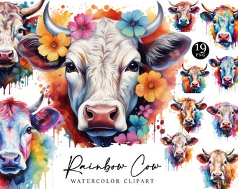 19 Watercolor Rainbow Cow Clipart Bundle Sublimation Designs Digital Download Printable Art Instant Download Png Files Digital Print
