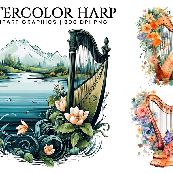 29 Watercolor Harp Clipart Bundle Sublimation Designs, Instant Download Clipart Bundle, Digital Files, Digital Download Png Files