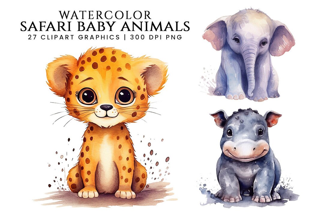 Watercolor Safari Baby Animals Clipart Bundle Digital Download ...