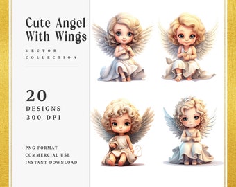 20 Watercolor Cute Angel with Wings Clipart Bundle Digital Download Sublimation Designs, Printable Art, Instant Download Png Files