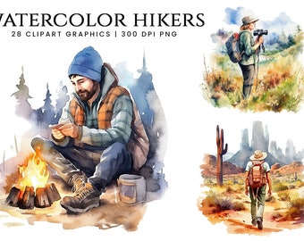 28 Watercolor Hikers Clipart Bundle Sublimation Designs Printable Art Instant Download Watercolor Clipart Digital Print, Png Files