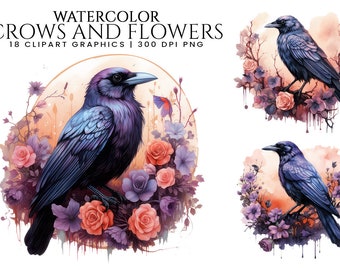 Watercolor Crows and Flowers Clipart Bundle Digital Download, Instant Download, Printable Art Sublimation Designs, Digital Wall Art