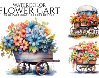 Watercolor Flower Cart Clipart Bundle Sublimation Designs, Digital Download Printable Wall art Instant Download Png Files, Digital Print