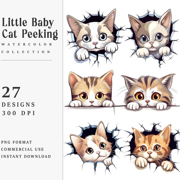 Watercolor Little Baby Cat Peeking Clipart Bundle Sublimation Designs, Instant Download, Printable Art, Digital Download Png Files