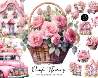 13 Watercolor Pink Flowers Clipart Bundle Sublimation Designs Instant Download Digital Prints Digital Download Commercial Use