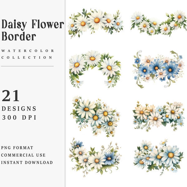 Watercolor Daisy Flower Border Clipart Bundle Instant Download Printable Art Sublimation Designs Digital Download PNG Files