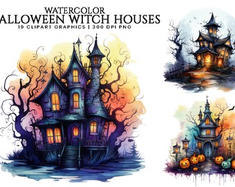 Watercolor Halloween Witch Houses Clipart Bundle Sublimation Designs Digital Download Printable Wall Art, Instant Download, Digital Print