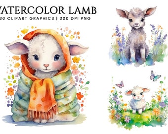 Watercolor Lamb Clipart Bundle Printable Wall Art Digital Download Sublimation Designs Instant Download Digital Print Png Files