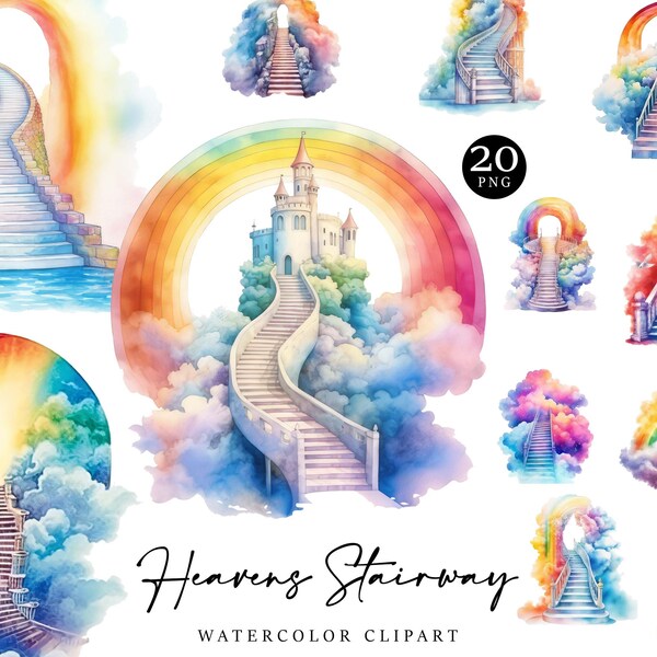 20 Watercolor Heavens Stairway Clipart Bundle Digital Download Sublimation Designs, Printable Art, Instant Download Png Files, Png Bundle