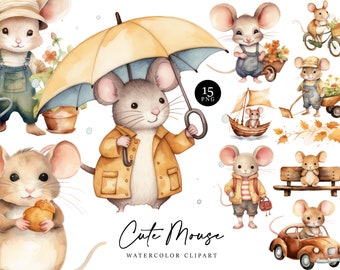 15 Watercolor Cute Mouse Clipart Bundle Digital Download Png Files Sublimation Designs Printable Art Instant Download Digital Files