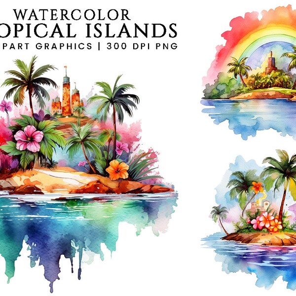 Watercolor Tropical Islands Clipart Bundle, Digital Download, Sublimation Designs, Digital Prints, Watercolor Clipart, Instant Download