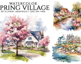 Watercolor Spring Village Clipart Bundle Sublimation Designs, Instant Download, Printable Art, Png Bundle Digital Download, Digital Files