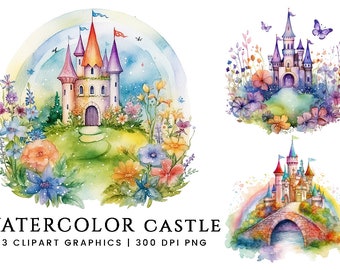 43 Watercolor Castle Clipart Bundle Sublimation Designs, Digital Download Printable Wall art Instant Download Png Files, Digital Print