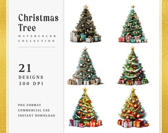Watercolor Christmas Tree Clipart Bundle Sublimation Designs, Instant Download Watercolor Clipart, Digital Download PNG Files