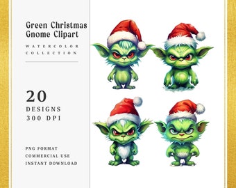 Green Christmas Gnome Clipart Bundle Sublimation Designs, Digital Download, Png Files, Printable Art, Instant Download Watercolor Clipart