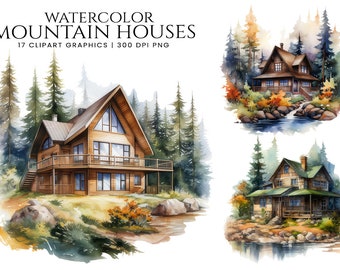 Watercolor Mountains Houses Clipart Bundle Sublimation Designs Printable Wall Art, Png Bundle Watercolor Clipart, Instant Download