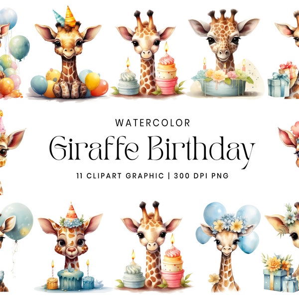 Watercolor Giraffe Birthday Clipart Bundle Digital Download, Printable Art, Sublimation Designs, clip art, instant download, Png Bundle