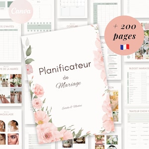 Peut inclure: Un planificateur de mariage avec un design floral, avec le texte "Planificateur de Mariage". Le planificateur contient plus de 200 pages et comprend des modèles pour les listes d'invités, les budgets et la planification de la cérémonie. Le design incorpore des éléments aquarelles roses et verts.