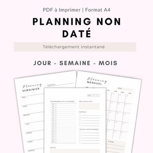 Peut inclure: Pages de planificateur imprimables en noir et blanc avec le texte "Planning Non Date" et "Jour - Semaine - Mois". Les pages comprennent des sections pour la planification quotidienne, hebdomadaire et mensuelle.