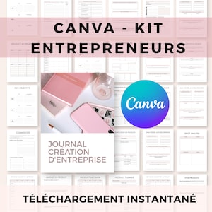 Puede incluir: Un kit digital de Canva para emprendedores, con plantillas y páginas de planificación. La imagen incluye una agenda rosa, un teléfono y el logotipo de Canva. El texto incluye "Canva - Kit Entrepreneurs" y "Journal Création D'Entreprise".