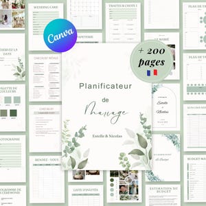 Pode incluir: Um conjunto de modelos de planejamento de casamento em uma suave combinação de verde e branco. O documento central, intitulado "Planificateur de Mariage", apresenta uma escrita elegante e ilustrações botânicas. Páginas adicionais incluem listas de verificação, rastreamento de orçamento e formulários de seleção de fornecedores.