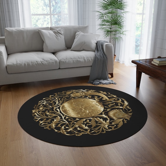 Black and Gold Round Rug Etsy