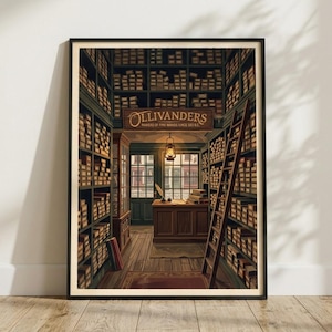 Ollivanders trollstavbutik Harry Potter-affisch | Harry Potter-väggkonst | Biblioteksdekor | Bokälskare-present | Läshörnsdekor