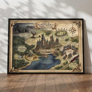 Mapa del Mundo Mágico Póster de Harry Potter / Arte de pared de Harry Potter / Hogwarts / Decoración de biblioteca / Arte de pared para amantes de los libros / Regalo para amantes de la lectura