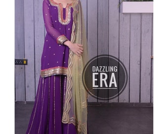 Pakistani Embroidered Purple Suit Golden Work Straight Kurta Sharara & Dupatta Custom Stiched Suit For Women And Girls Wedding Festival Wear