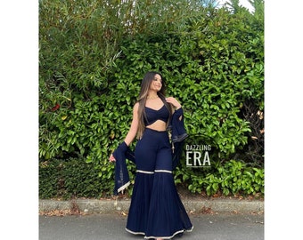 Indian Designer Beautiful Blue Ethnic Style Short Crop Top With Sharara Suit for Women Indo-Western Dress Designer Custom Made Dress Woman