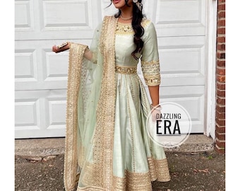 Heavy Anarkali Gown Party Wear Mint Green Golden Lace Work Wedding Suit for women Custom Stitched Designer Indian Long Dress for Girls