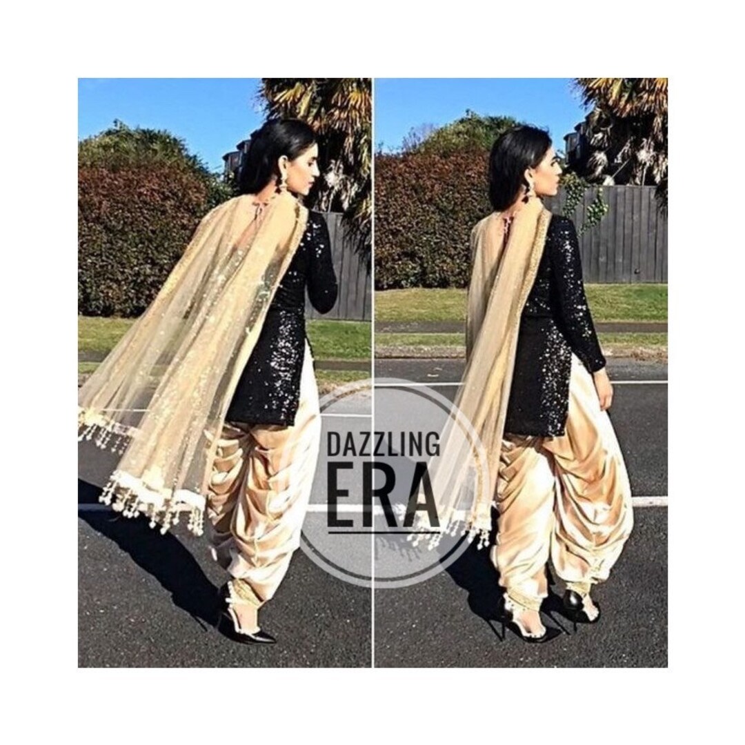 Plain Black Bollywood Designer Black Patiala Suit Golden Lace work Salwar  Kameez | eBay