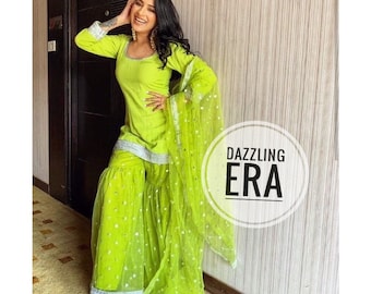 Women Designer Neon Green Sharara Suit Net Sharara Kameez Salwar with dupatta Heavy Lace Work  Suit Custom Made For Women & Girl DazzlingEra