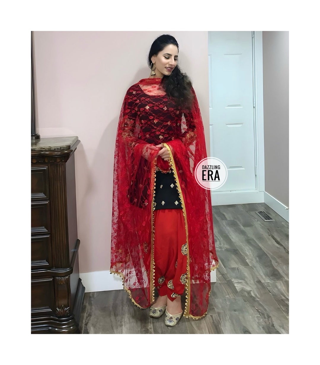 Designer Red Black Punjabi Patiala Suit Salwar Kameez Suit Net