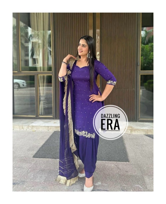 Rich Gold Kurta With Royal Purple Ruffled Dupatta – Naaz By Noor